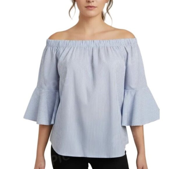 Kontrol Contemporary Tops - Kontrol Contemporary Blue & White Stripe Off-Shoulder 3/4 Sleeve Blouse Medium